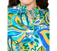Msk Plus Printed Split-Neck Smocked-Waist Tiered Dress