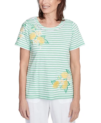 Alfred Dunner Petite Rise & Shine Lemon Printed Striped Top