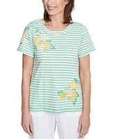 Alfred Dunner Petite Rise & Shine Lemon Printed Striped Top