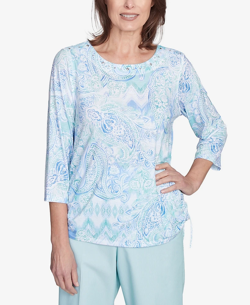 Alfred Dunner Petite St. Thomas Island Mint Paisley Ruched Side Top