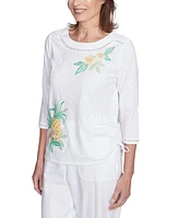 Alfred Dunner Petite Rise & Shine Embroidered Pineapple Top