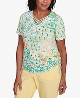 Alfred Dunner Petite Rise & Shine Tropical Geometric Patchwork Top