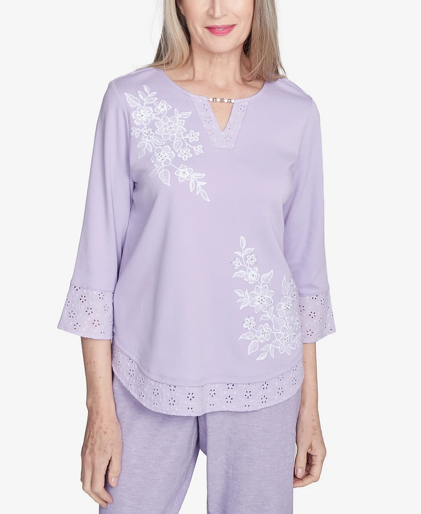 Alfred Dunner Petite Crystal Springs Floral Embroidered Eyelet Sleeve Top