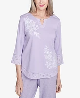 Alfred Dunner Petite Crystal Springs Floral Embroidered Eyelet Sleeve Top