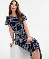 Robbie Bee Women's Printed Round-Neck Faux-Wrap Dress