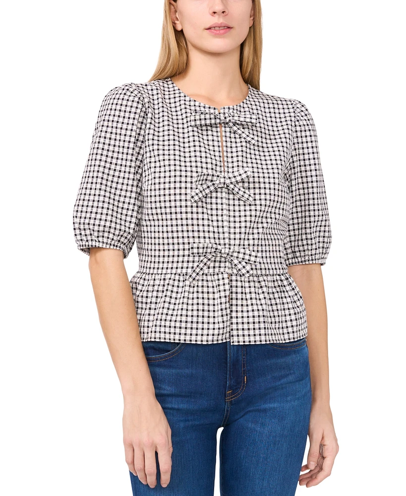 CeCe Women's Gingham Bow-Front Peplum Top