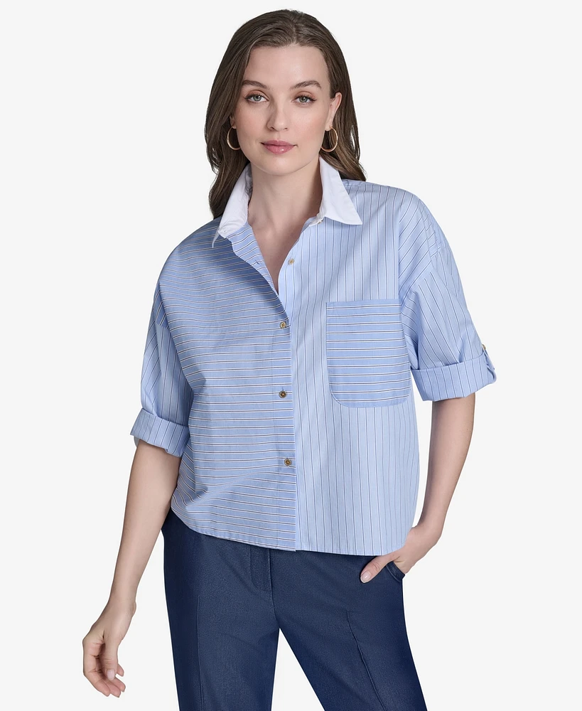 Halston Women's Striped Cotton Roll-Tab-Sleeve Button-Front Shirt