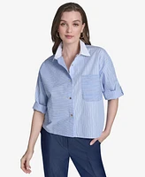 Halston Women's Striped Cotton Roll-Tab-Sleeve Button-Front Shirt