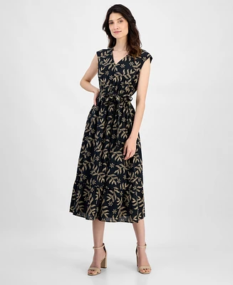 Kasper Women's Printed Leaf-Print Cotton Midi Dress