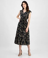 Kasper Women's Printed Leaf-Print Cotton Midi Dress