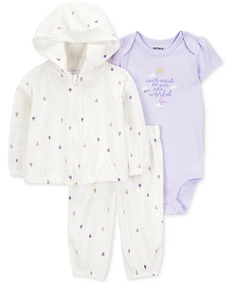 Carter's Baby Girls Cotton Balloons-Print Little Cardigan, Bodysuit & Pants, 3 Piece Set