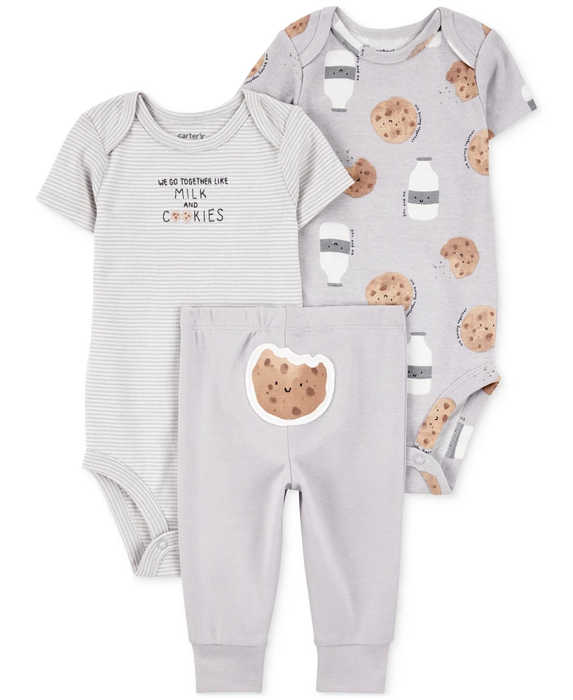 Carter's Baby Milk & Cookies Little Character Cotton Bodysuits Pants, 3 Piece Set