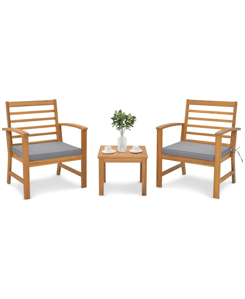 Gymax 3 Piece Outdoor Furniture Set Acacia Wood Conversation Set w/ Cushions