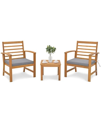 Gymax 3 Piece Outdoor Furniture Set Acacia Wood Conversation Set w/ Cushions