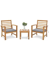 Gymax 3 Piece Outdoor Furniture Set Acacia Wood Conversation Set w/ Cushions