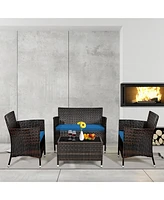 Gymax Set of Outdoor Patio Rattan Conversation Furniture Set w/ Cushion Table