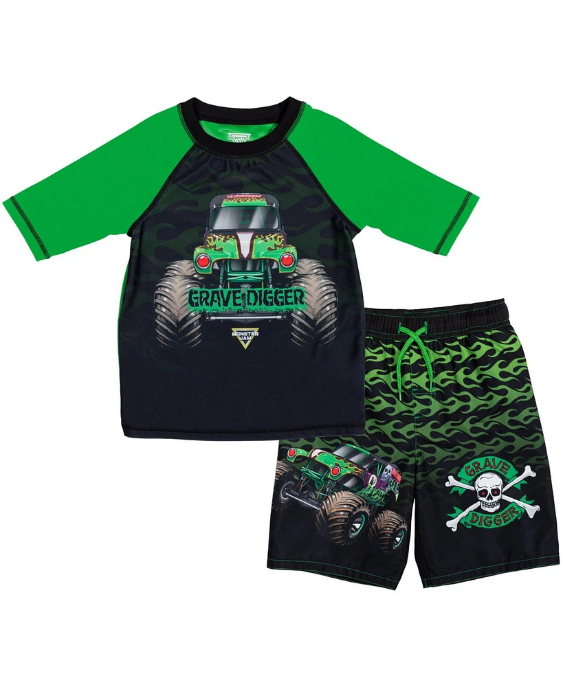 Monster Jam Boys Pullover Rash Guard and Swim Trunks Outfit Set