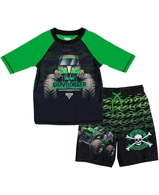 Monster Jam Boys Pullover Rash Guard and Swim Trunks Outfit Set