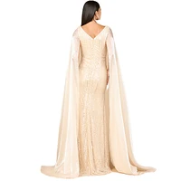 Lara Women's Beaded Gown with Satin Cape Sleeves