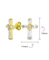 Bling Jewelry Accent Cz Baguette Cross Stud Earrings for Men in Yellow 14K Gold Sterling Silver