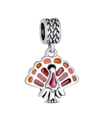 Bling Jewelry Thanksgiving Turkey Dangle Charm Bead Brown Enamel European Bracelet Silver