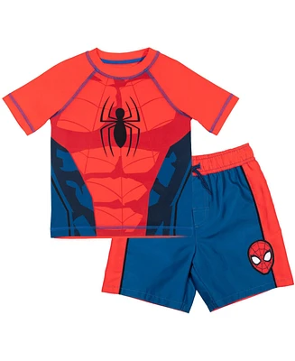 Spider-Man Toddler Boys Marvel Upf 50+ Cosplay Rash Guard and Swim Trunks Outfit Set