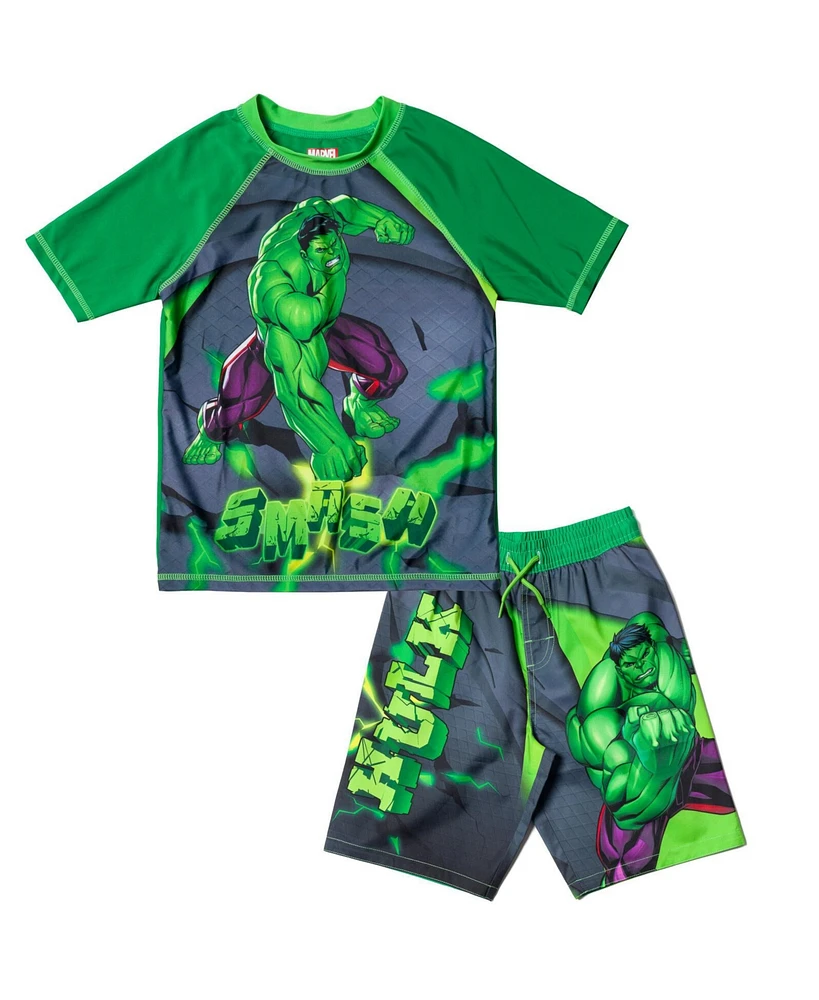 Avengers Toddler Boys Marvel Spider-Man Captain America Hulk Iron Man Pullover Rash Guard & Swim Trunks Outfit Set to
