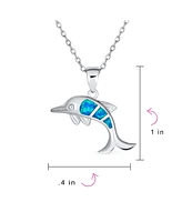 Bling Jewelry Created Blue Opal Inlay Nautical Ocean Marine Hawaiian Vacation Sea Life Dolphin Dangling Pendant Necklace .925 Sterling Silver