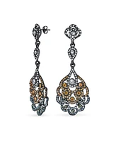Bling Jewelry Estate Style Dangling Holiday Party Long Lace Flower Pink Black White Crystal Chandelier Statement Earrings Black Plated