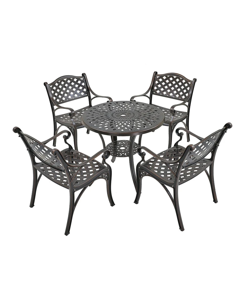 5-Piece Cast Aluminum Outdoor Furniture Patio Dining Set Table with Umbrella Hole Chairs