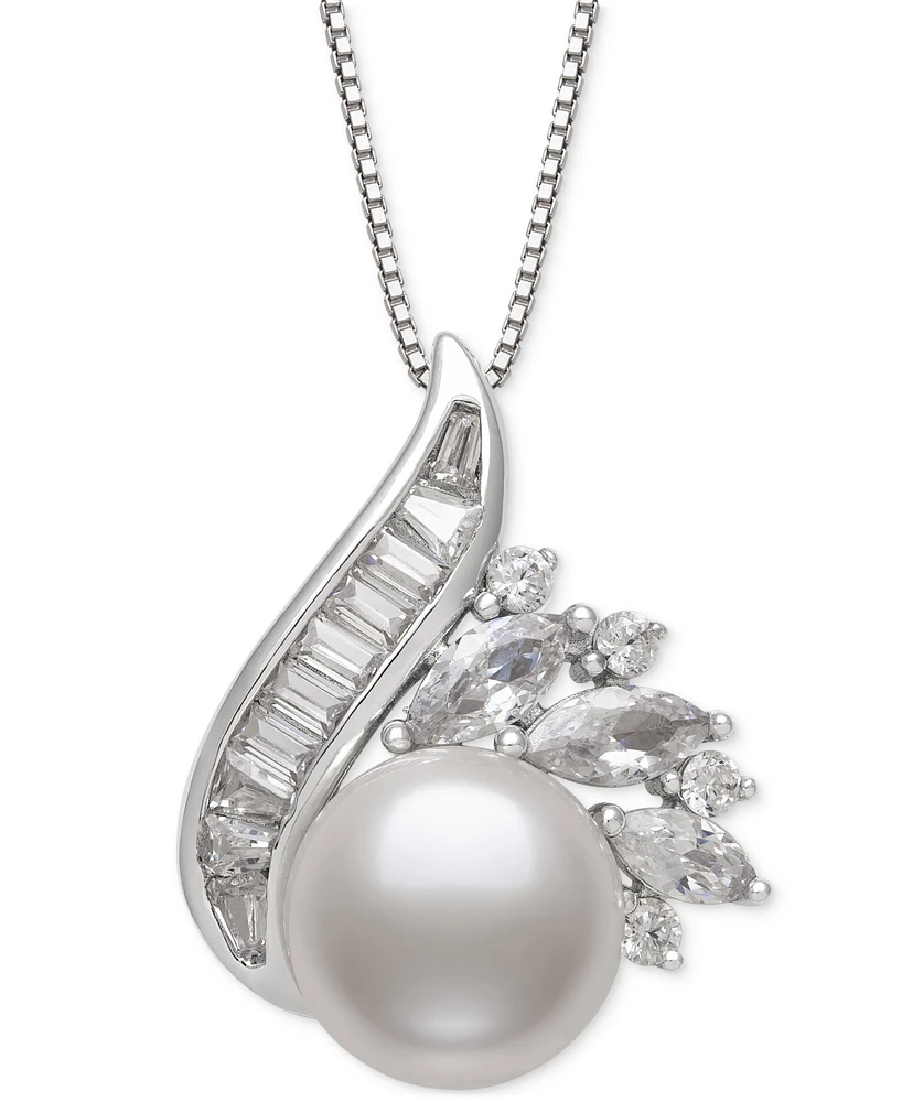 Belle de Mer Cultured Freshwater Pearl (9mm) & Lab-Created White Sapphire (1-1/2 ct. t.w.) Swirl 18" Pendant Necklace in Sterling Silver