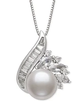 Belle de Mer Cultured Freshwater Pearl (9mm) & Lab-Created White Sapphire (1-1/2 ct. t.w.) Swirl 18" Pendant Necklace in Sterling Silver