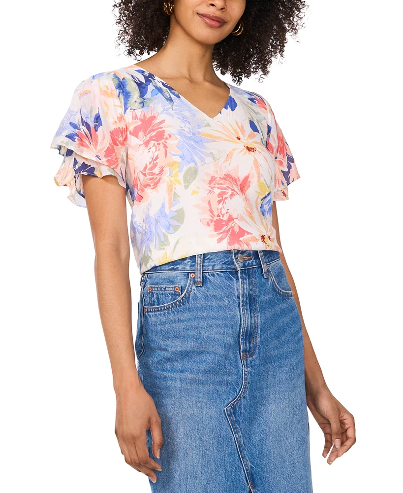 Vince Camuto Women's Floral-Print Flutter-Sleeve Top