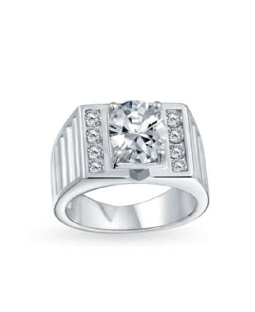 Bling Jewelry Hip Hop Micro Pave Halo 2 3ct Clear Blue Oval Princess Cut Solitaire Cz Statement Promise Ring Wide Band Silver Plated Matte Brush Finish