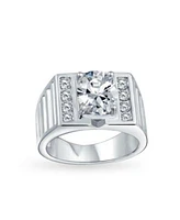 Bling Jewelry Hip Hop Micro Pave Halo 2 3ct Clear Blue Oval Princess Cut Solitaire Cz Statement Promise Ring Wide Band Silver Plated Matte Brush Finish