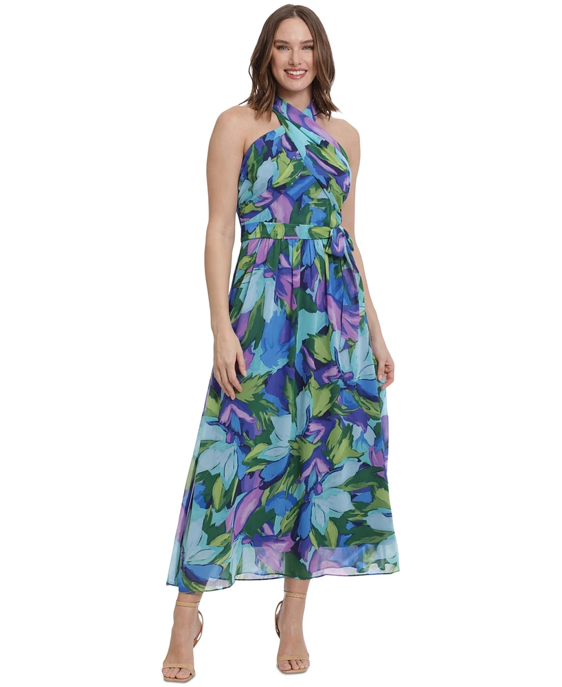 London Times Petite Printed Wrap-Neck Maxi Dress