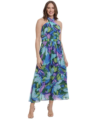 London Times Petite Printed Wrap-Neck Maxi Dress