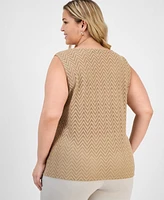 Kasper Plus Herringbone Knit Square-Neck Tank Top