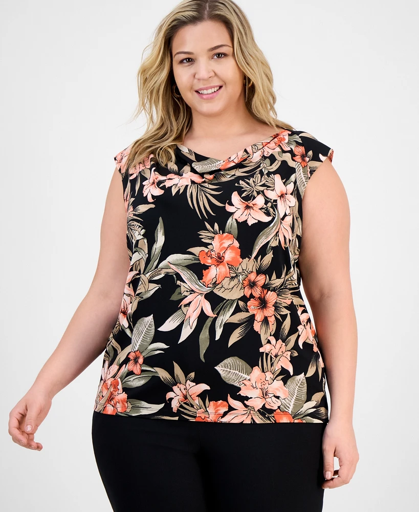 Kasper Plus Printed Cowlneck Cap-Sleeve Knit Top