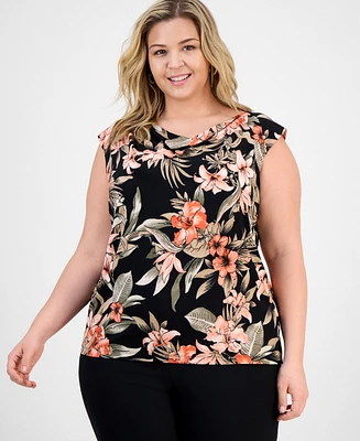 Kasper Plus Printed Cowlneck Cap-Sleeve Knit Top