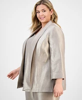 Kasper Plus Drape-Neck Open-Front Cuffed-Sleeve Blazer
