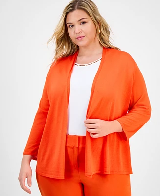 Kasper Plus 3/4-Sleeve Open-Front Cardigan