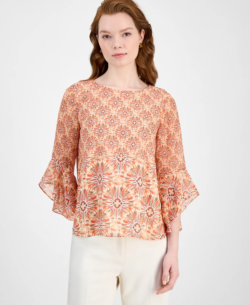 Kasper Women's Printed Boat-Neck Ruffle-Sleeve Blouse, Regular & Petite Sizes