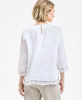 Charter Club Women's 100% Linen Lace-Edge 3/4-Sleeve Top, Exclusively at Macy's
