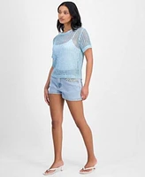 Bar Iii Womens Crochet Tee Bling Denim Shorts Exclusively At Macys