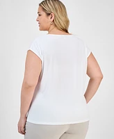 Kasper Plus Beaded-Neck Cap-Sleeve Knit Top