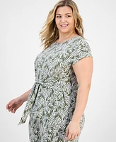 Kasper Plus Printed Tie-Waist Cap-Sleeve Top