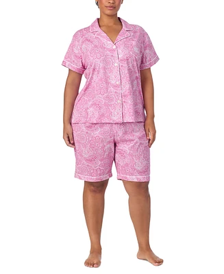 Lauren Ralph Plus Short-Sleeve Notch-Collar Bermuda Pajama Set