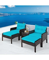 Gymax 5PCS Patio Set Sectional Rattan Wicker Furniture Set w/ Turquoise Cushion