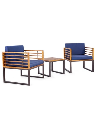 Gymax 3 Piece Outdoor Conversation Furniture Set Acacia Wood Patio Bistro Set w/ Cushions